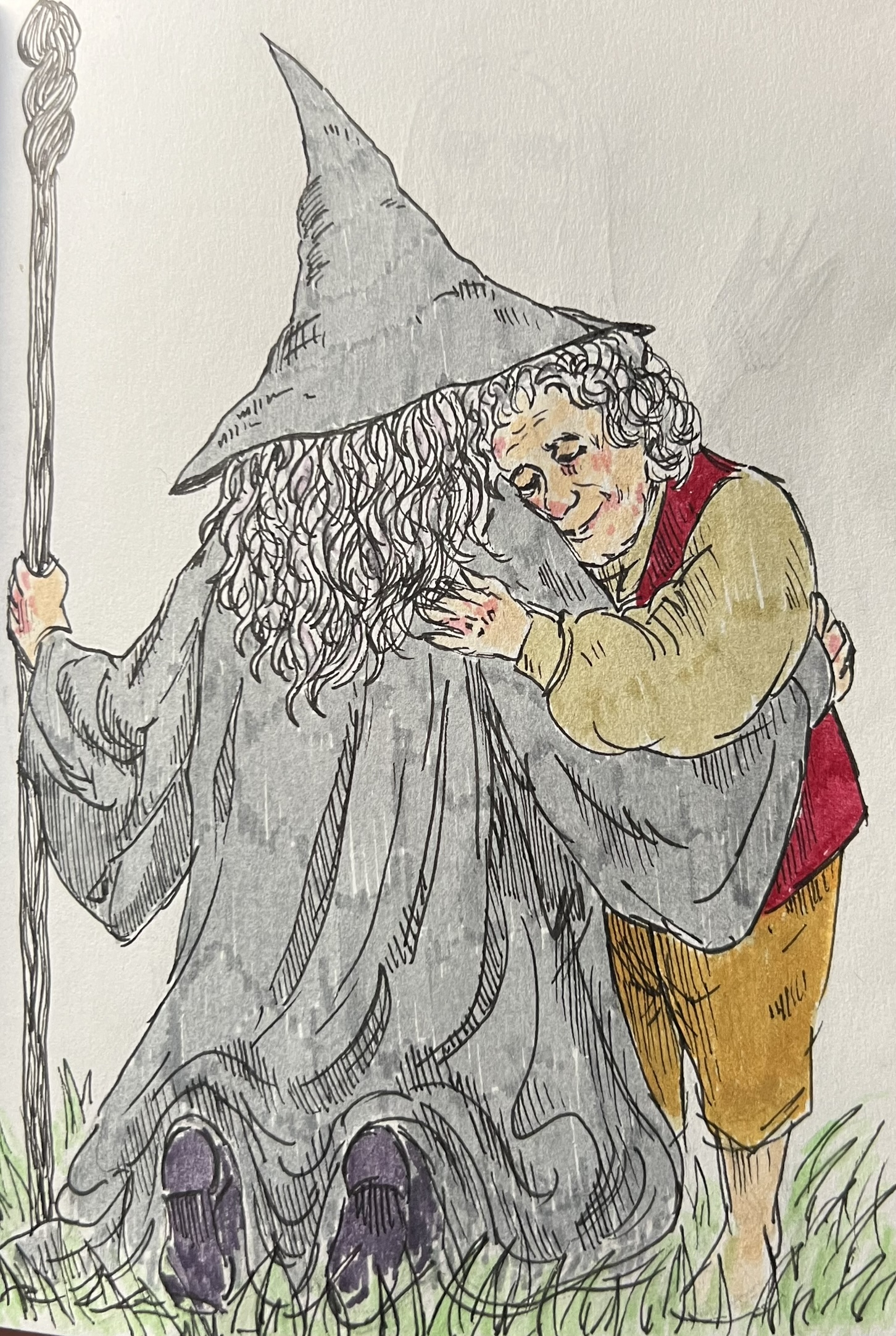 Gandalf a Bilbo v priateľskom objatí — ilustrácia k článku o priateľstve ako podmienke dobrého života