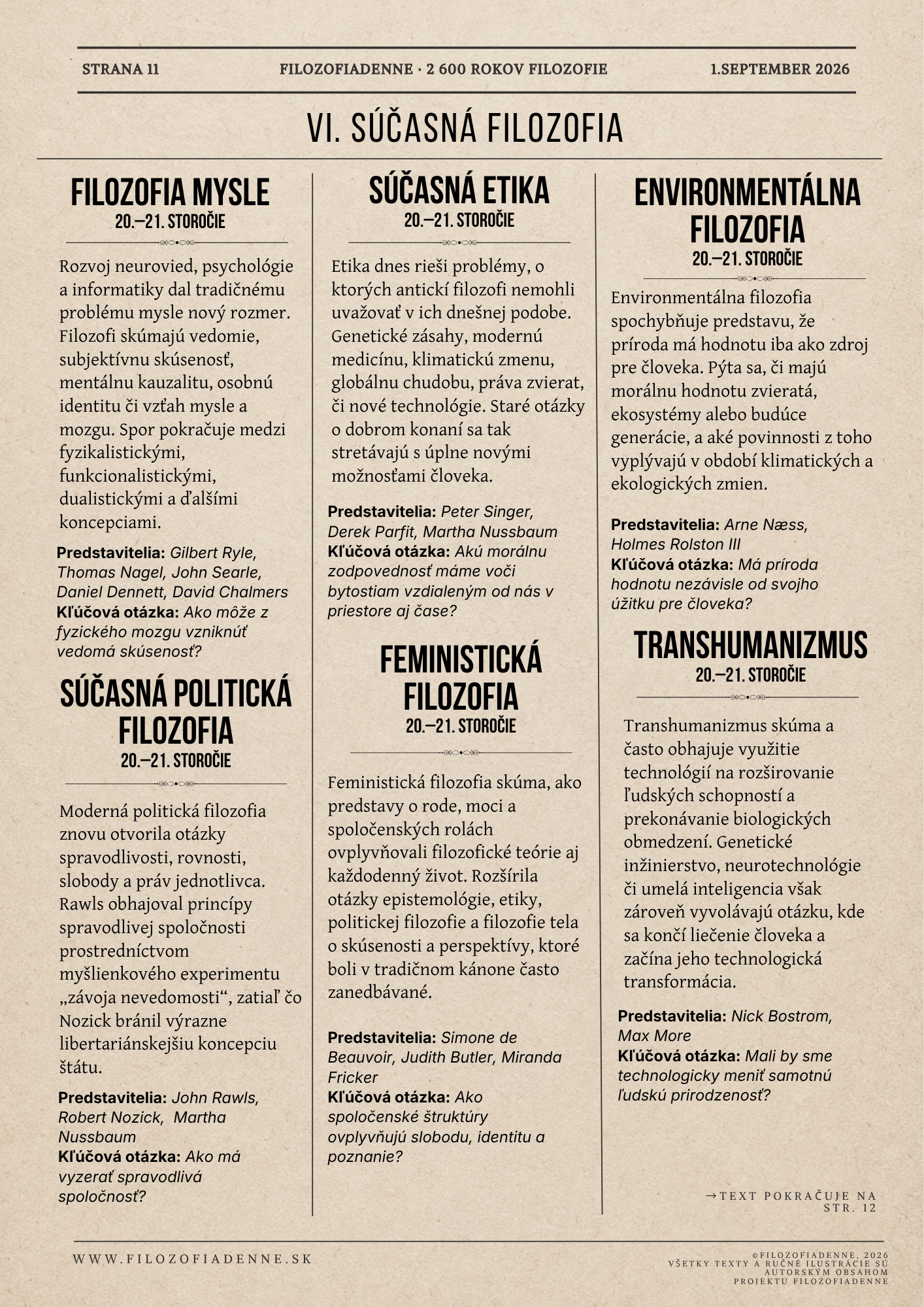 Súčasná filozofia: filozofia mysle, politická filozofia, etika, feministická filozofia, environmentálna filozofia a transhumanizmus