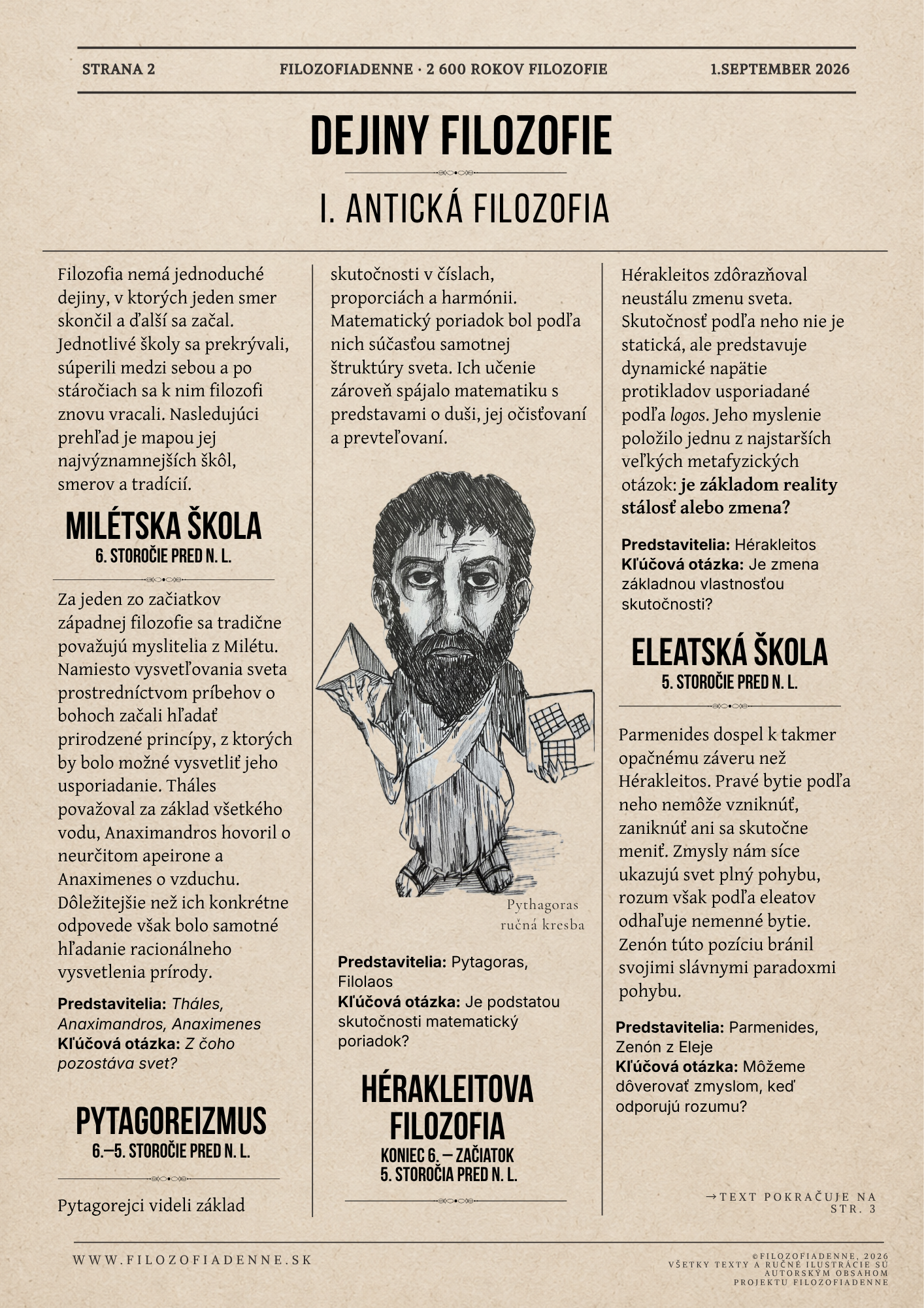 Dejiny filozofie: antická filozofia, milétska škola, pytagoreizmus, Hérakleitos a eleatská škola