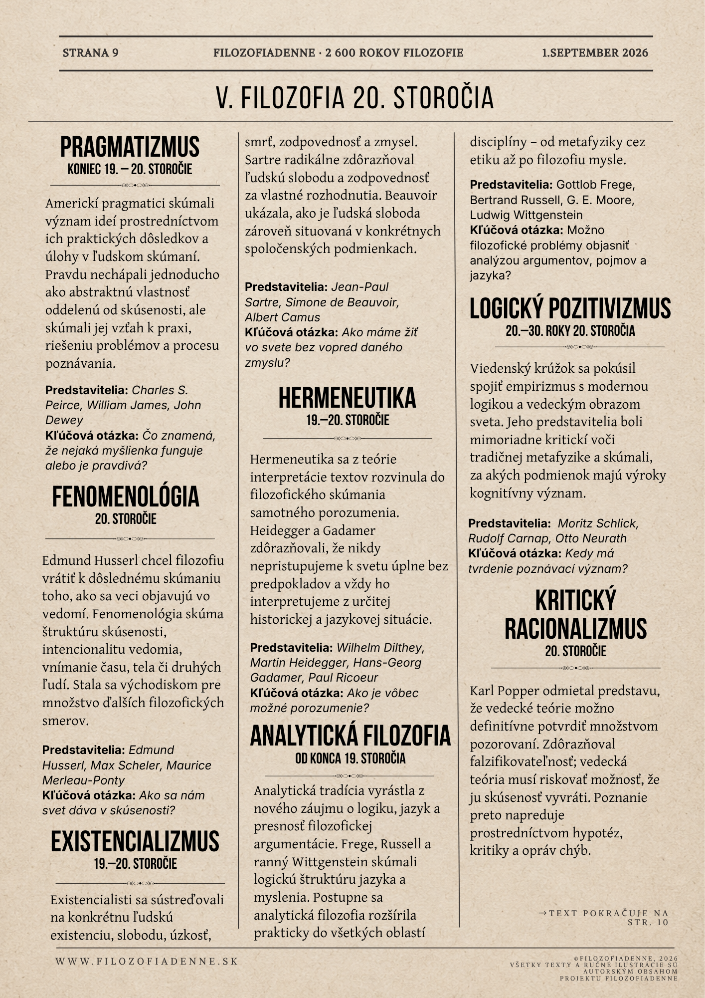 Filozofia 20. storočia: pragmatizmus, fenomenológia, existencializmus, hermeneutika, analytická filozofia a logický pozitivizmus