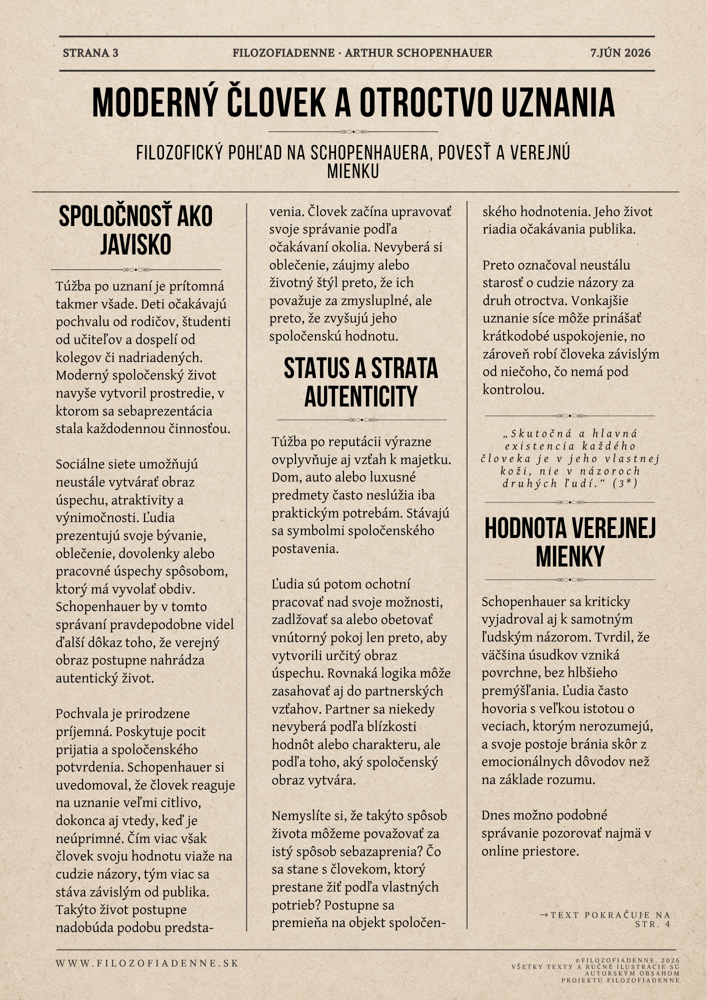 Schopenhauer o spoločnosti ako javisku, sociálnych sieťach, statuse, strate autenticity a hodnote verejnej mienky
