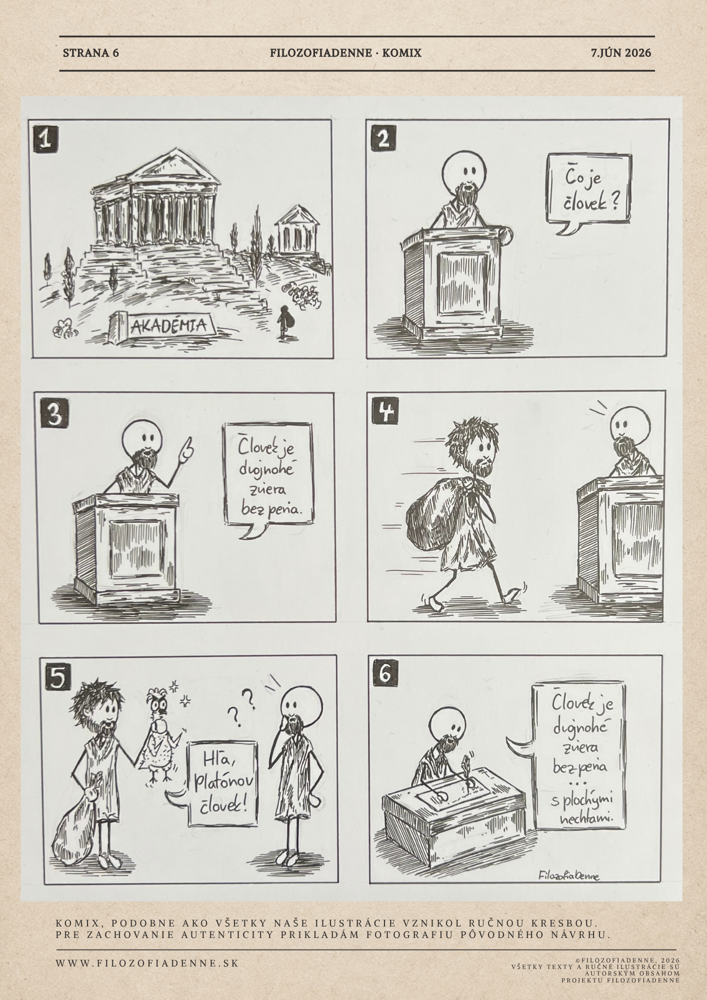 Filozofický komiks o Platónovej definícii človeka ako dvojnohého zvieraťa bez peria a Diogenovej ošklbanej sliepke