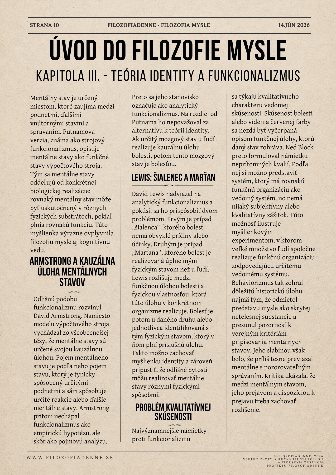 Funkcionalizmus vo filozofii mysle: David Armstrong, David Lewis, mentálne stavy, kvalitatívna skúsenosť a námietka prevrátených kvalií