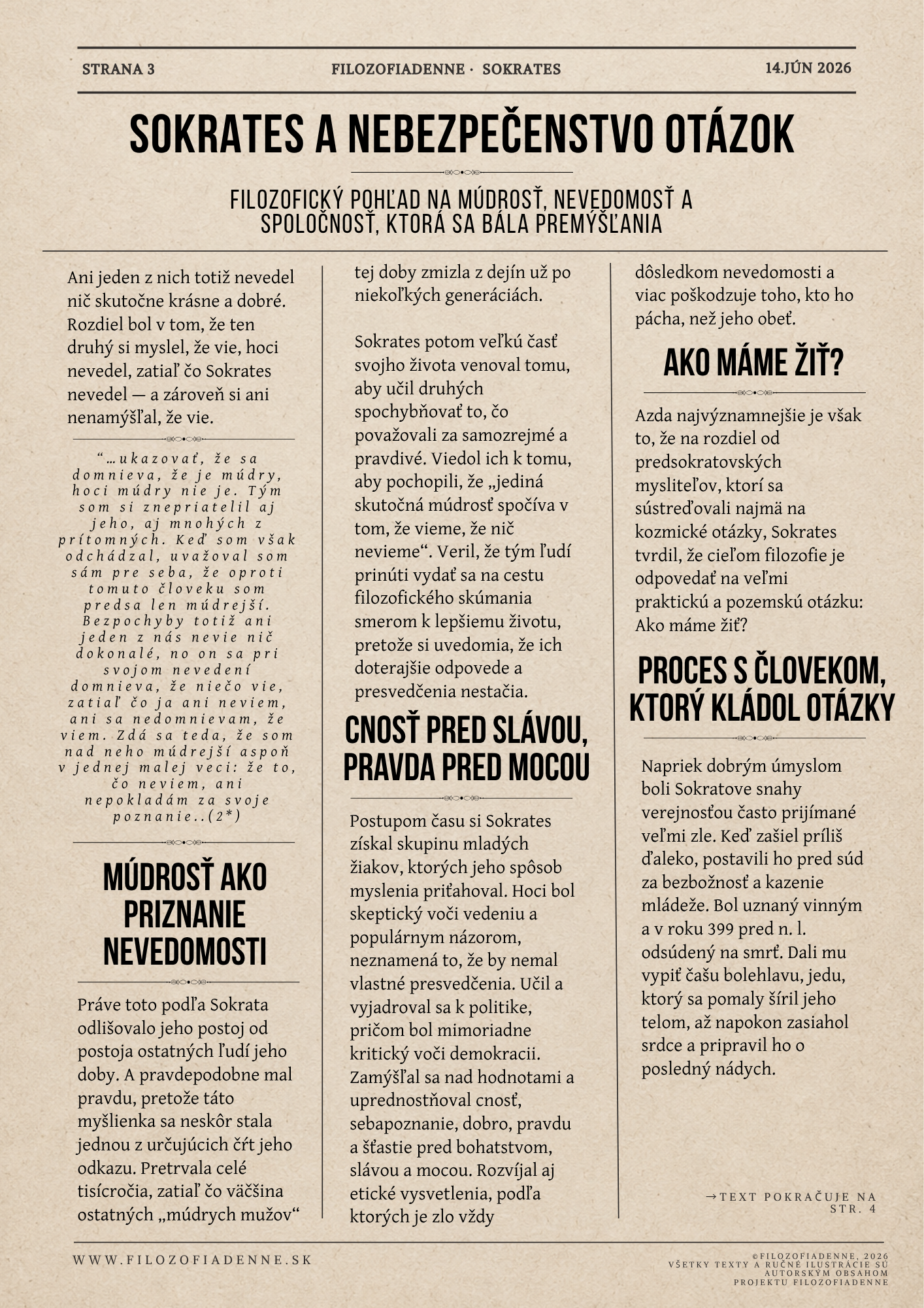 Sokratova múdrosť ako priznanie nevedomosti, hľadanie pravdy, kritika moci a proces za kazenie mládeže