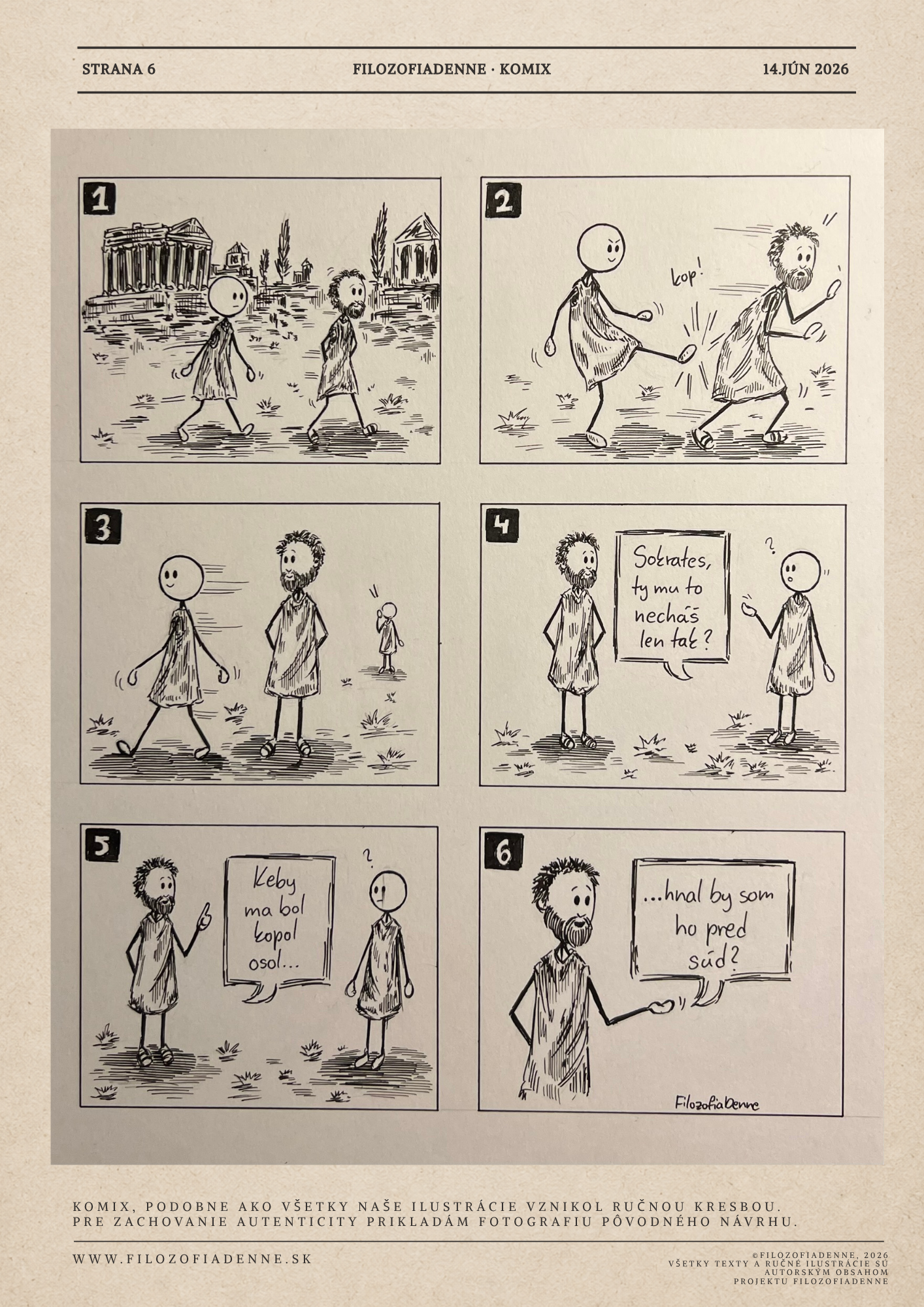 Filozofický komiks o Sokratovi, násilí, otázkach a skúmaní dôvodov ľudského konania