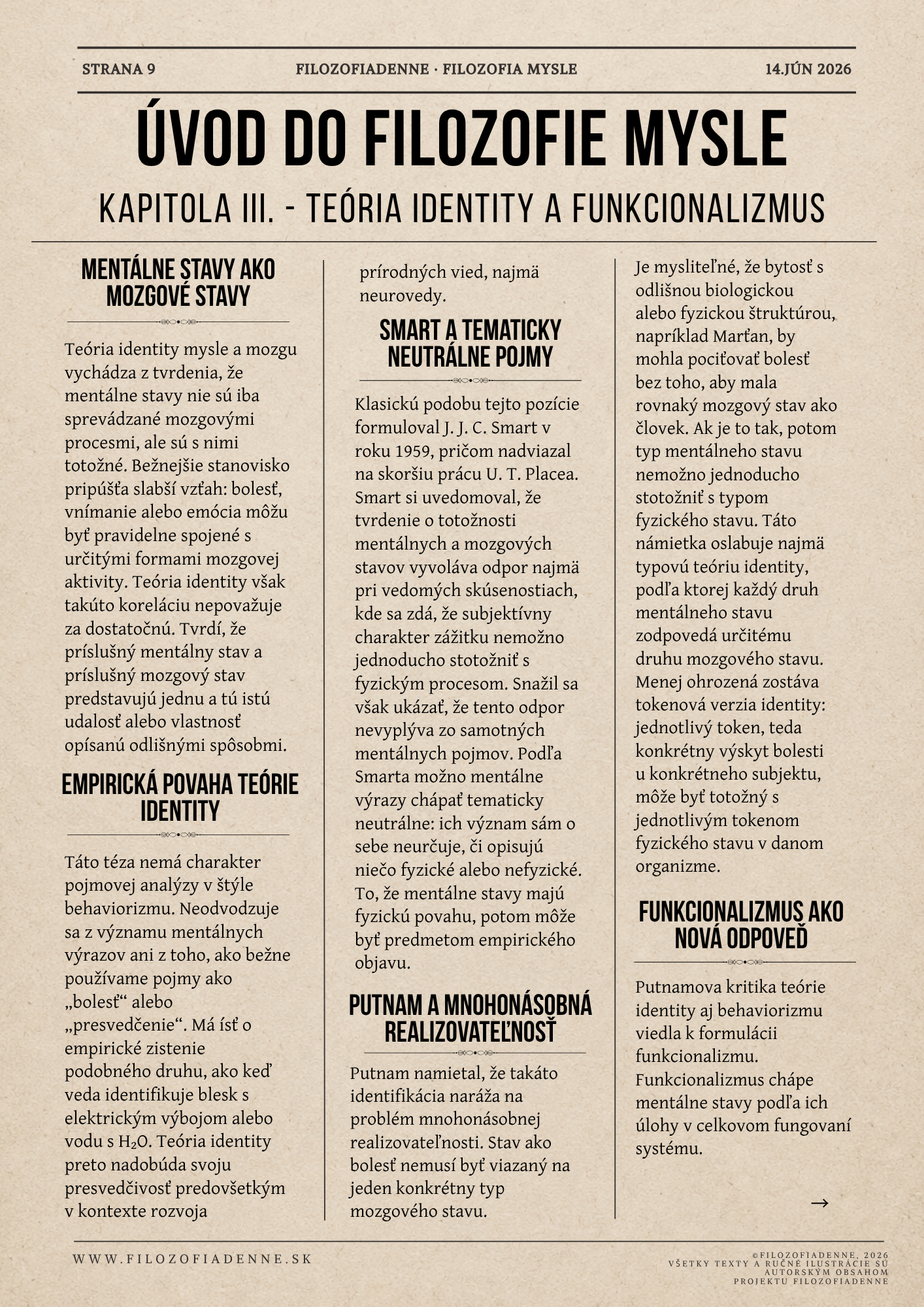 Úvod do filozofie mysle, kapitola III: teória identity mysle a mozgu, J. J. C. Smart, Hilary Putnam a funkcionalizmus
