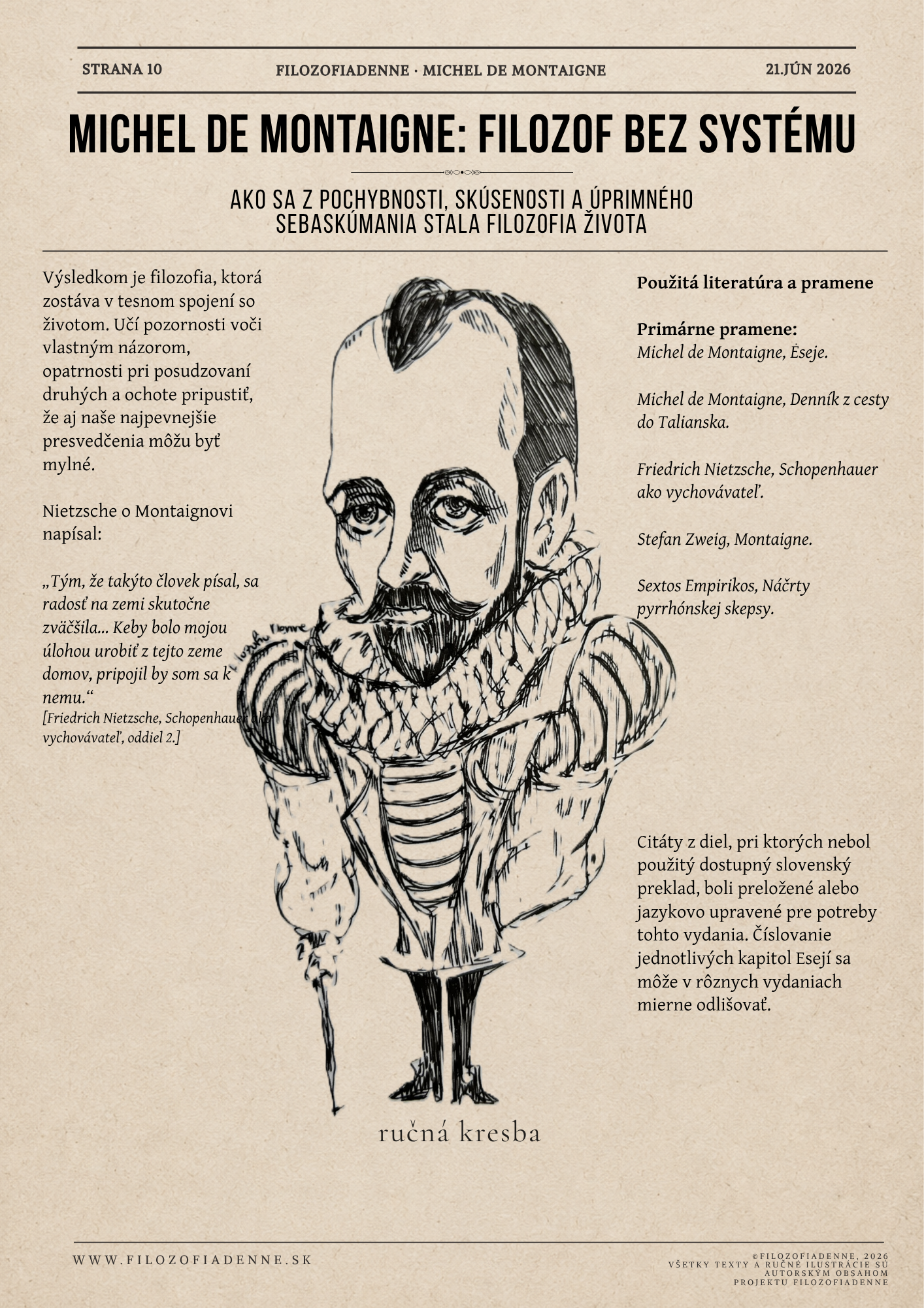 Záver článku o Michelovi de Montaignovi, Nietzscheho hodnotenie Montaigna a použitá literatúra k Esejam a skepticizmu