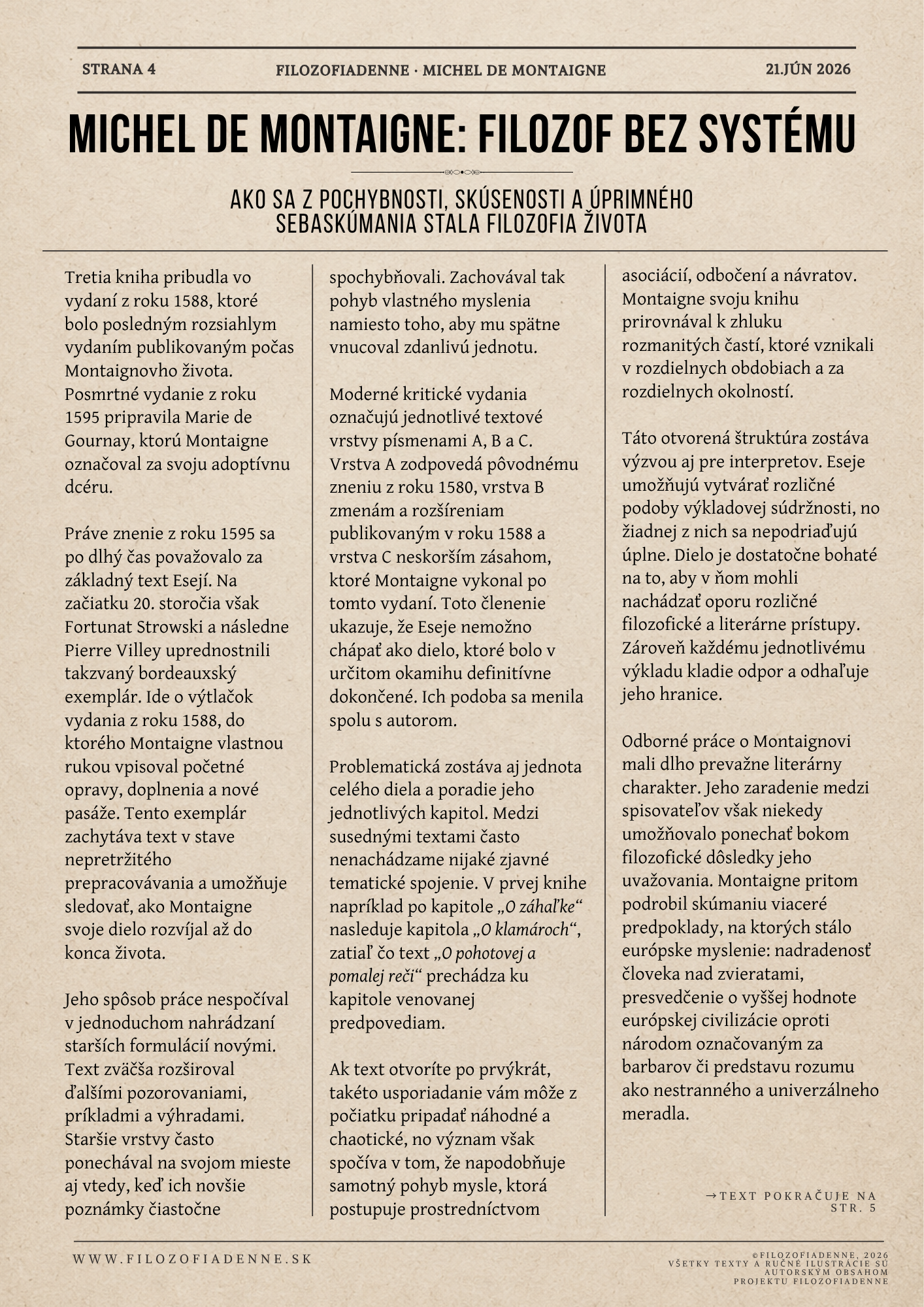 Vznik a vývoj Montaignových Esejí, bordeauxský exemplár, textové vrstvy a otvorená štruktúra filozofického diela