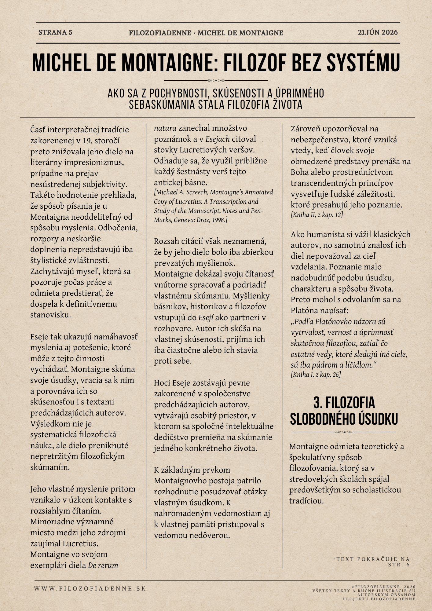 Montaignove Eseje, Lucretius, humanizmus, kritika scholastiky a filozofia slobodného úsudku
