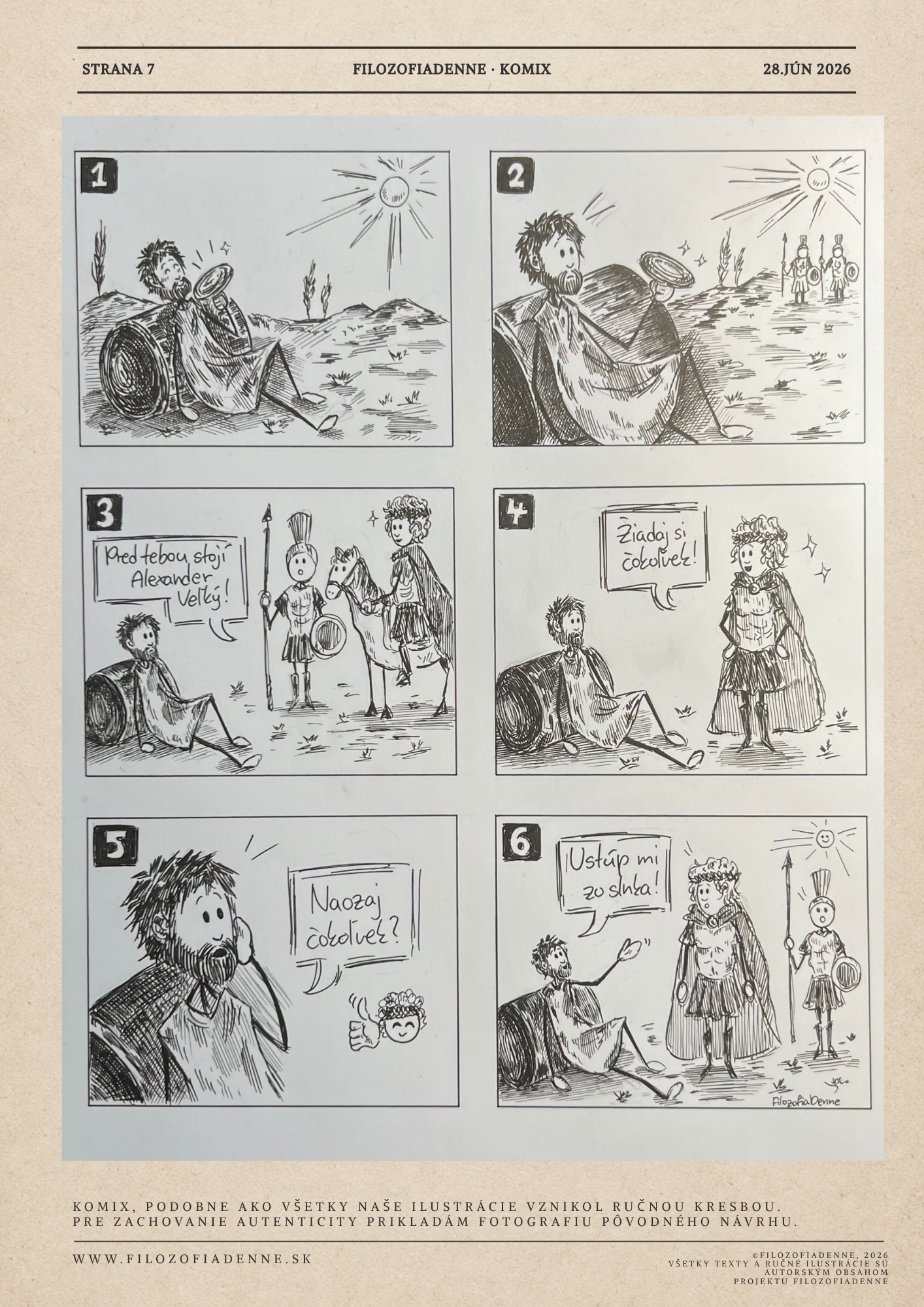 Komix FilozofiaDenne č. 008 o Diogenovi, Alexandrovi Veľkom a výroku Ustúp mi zo slnka