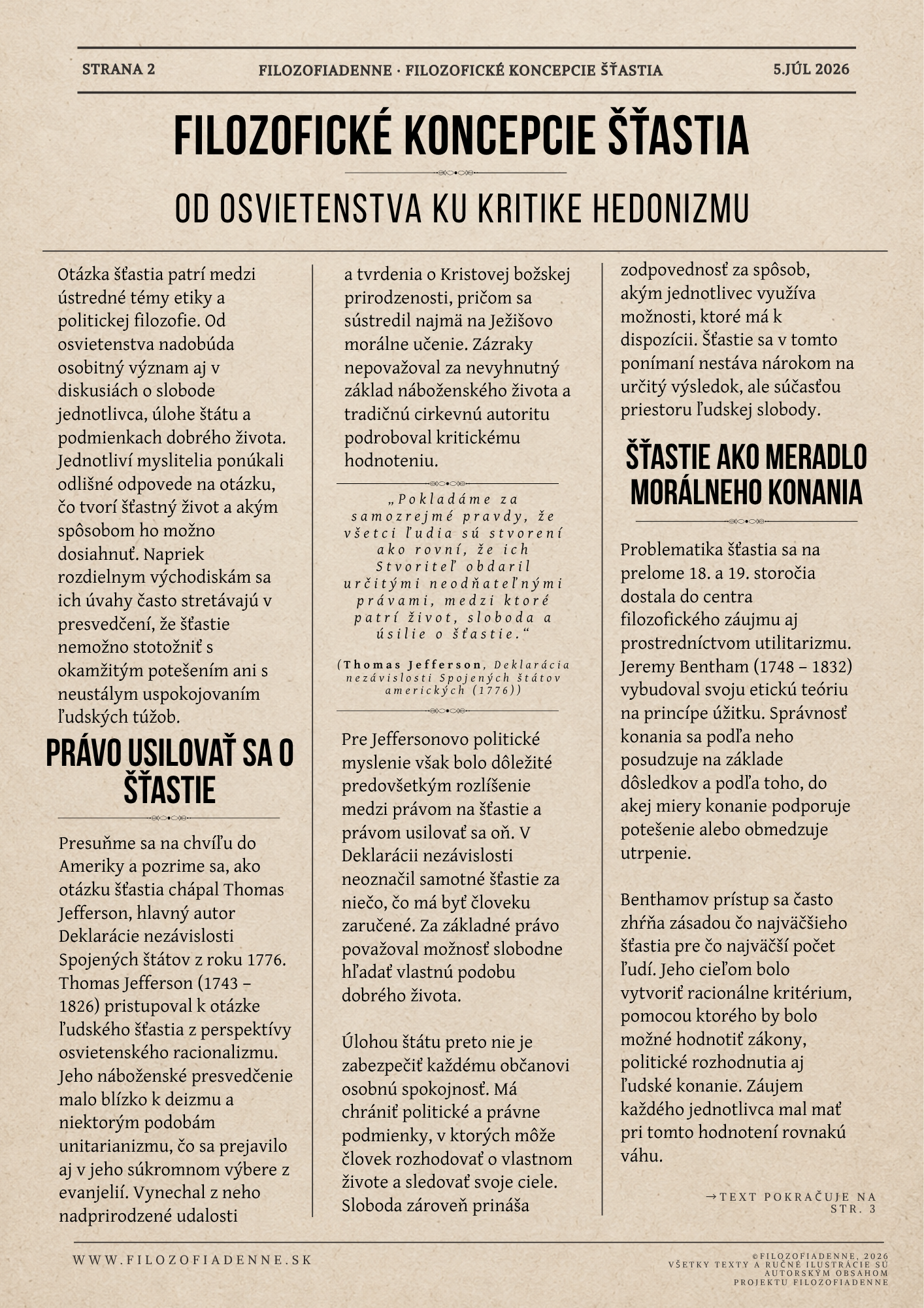 Filozofické koncepcie šťastia od osvietenstva ku kritike hedonizmu, Thomas Jefferson, právo usilovať sa o šťastie a Jeremy Bentham
