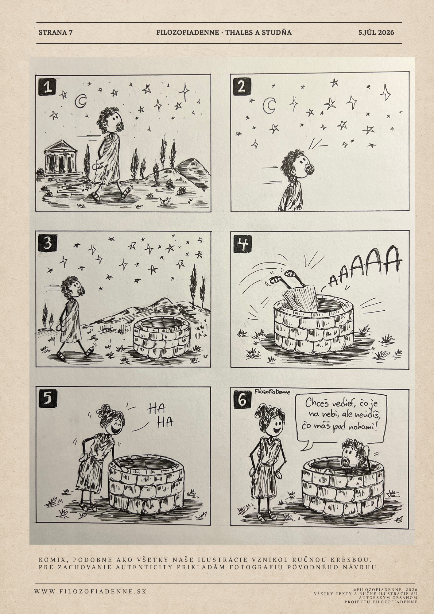 Komix FilozofiaDenne č. 009: Thales a studňa, ručne kreslená ilustrácia a fotografia pôvodného návrhu